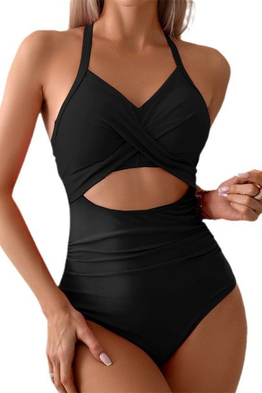 Twist Front Waist Cutout Swimsuit - Black - 5