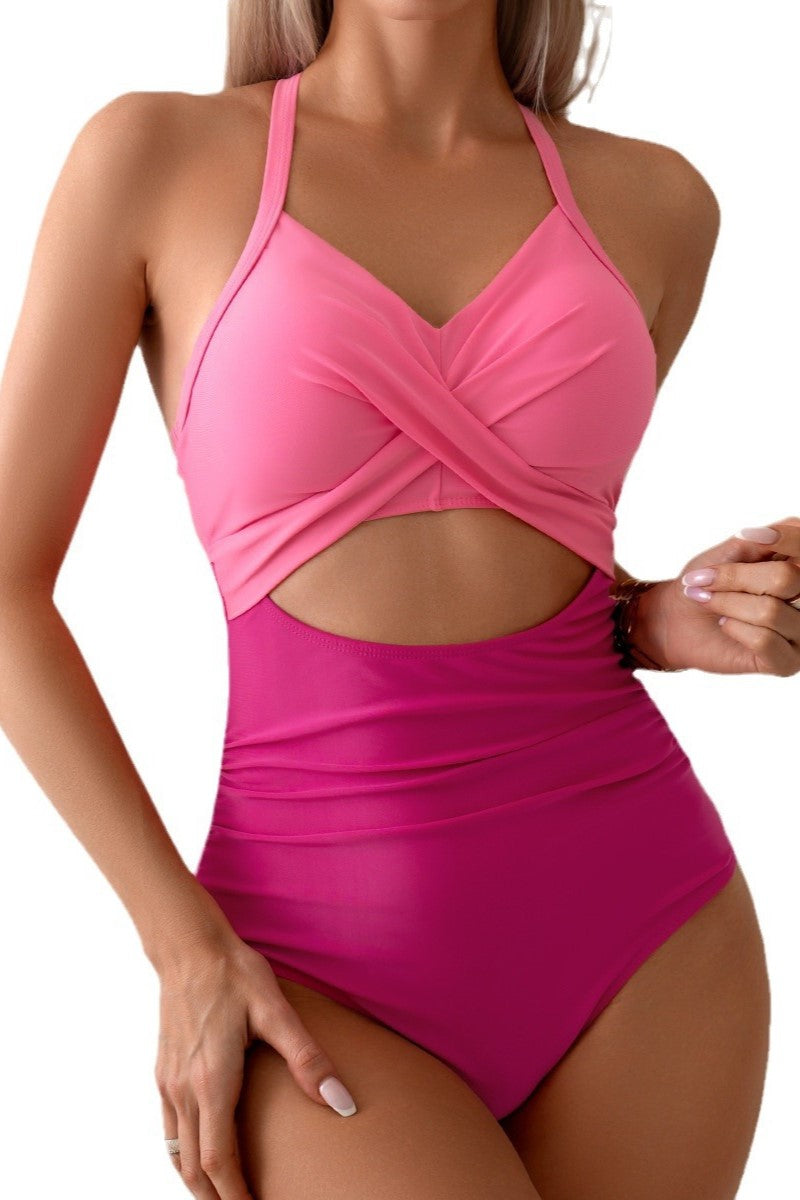 Twist Front Waist Cutout Swimsuit - Pink