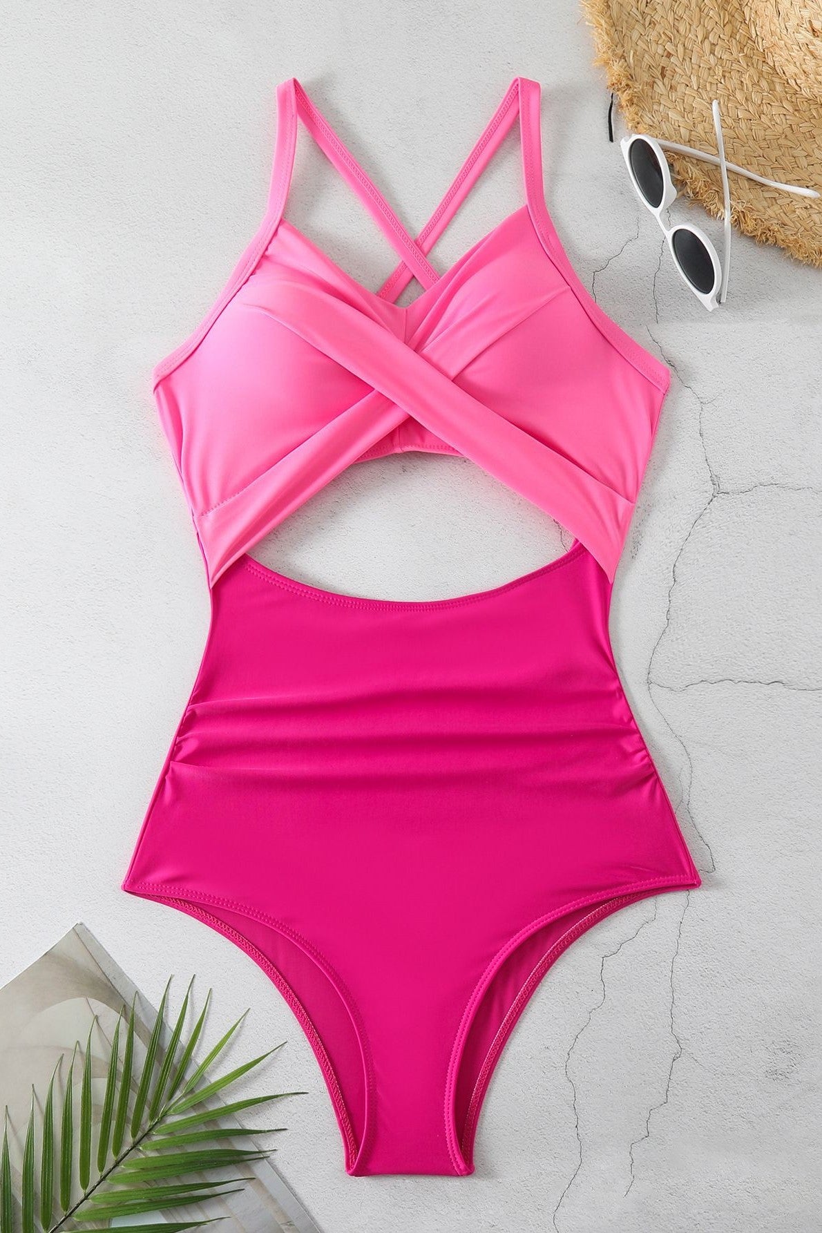 Twist Front Waist Cutout Swimsuit - Pink - 2