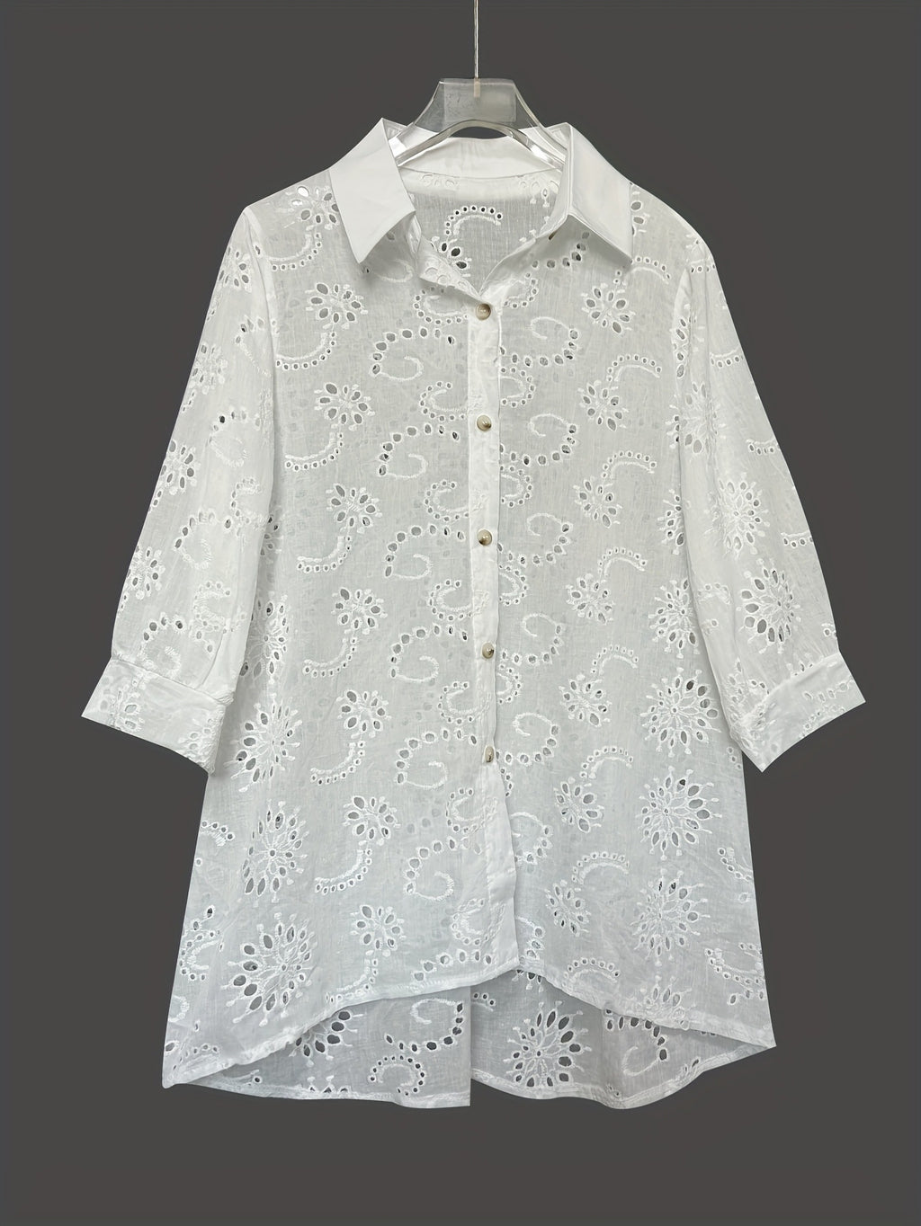 Eyelet Embroidered Button Down Shirt Dress - White