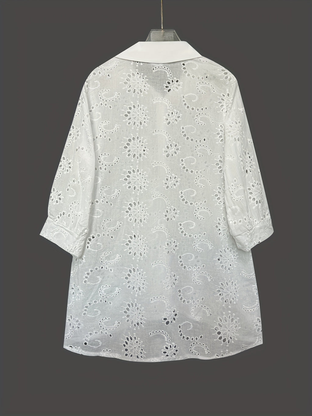Eyelet Embroidered Button Down Shirt Dress - White - 1