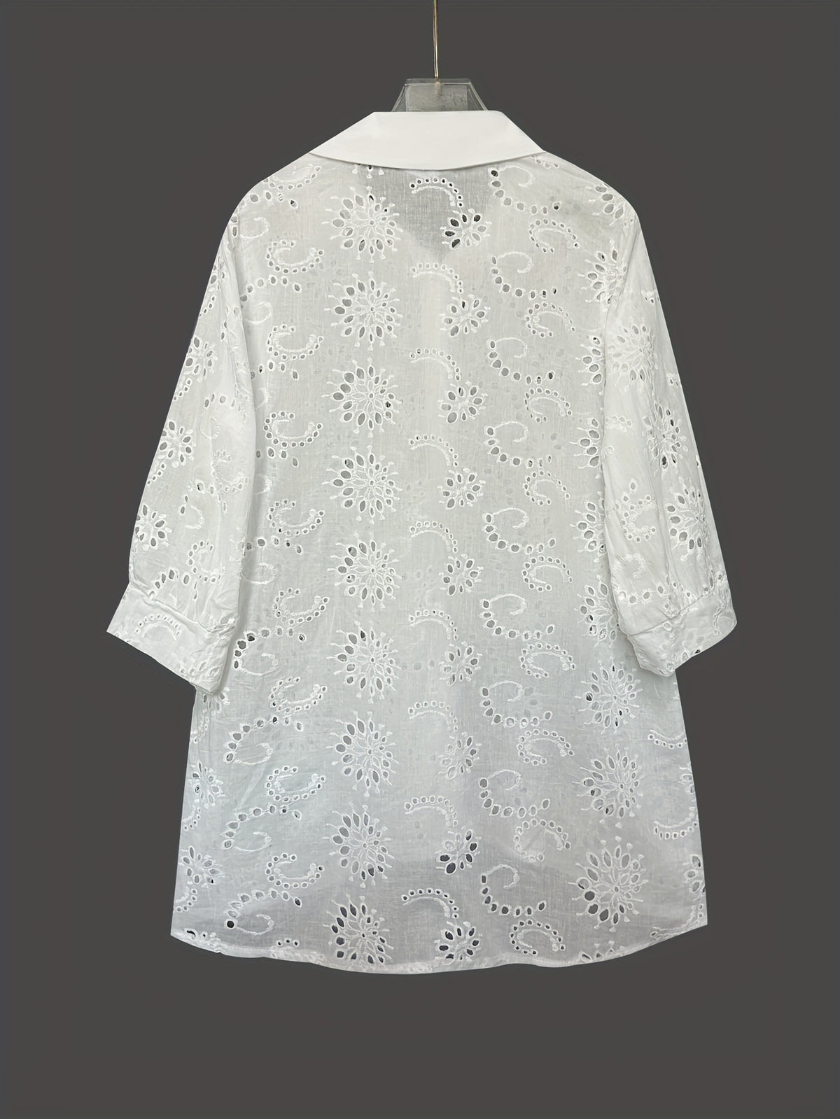 Eyelet Embroidered Button Down Shirt Dress - White - 1