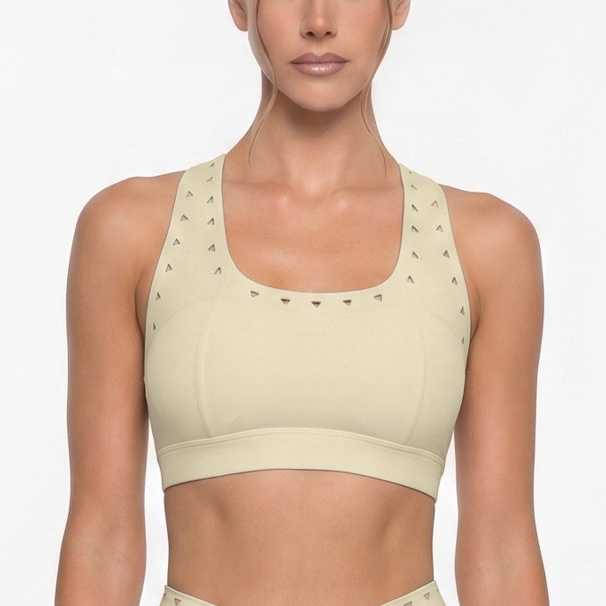 Triangle Perforated Racerback Padded Tennis Sports Bra - Cream