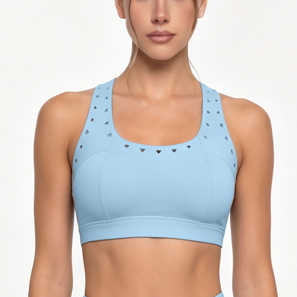 Triangle Perforated Racerback Padded Tennis Sports Bra - Light Blue