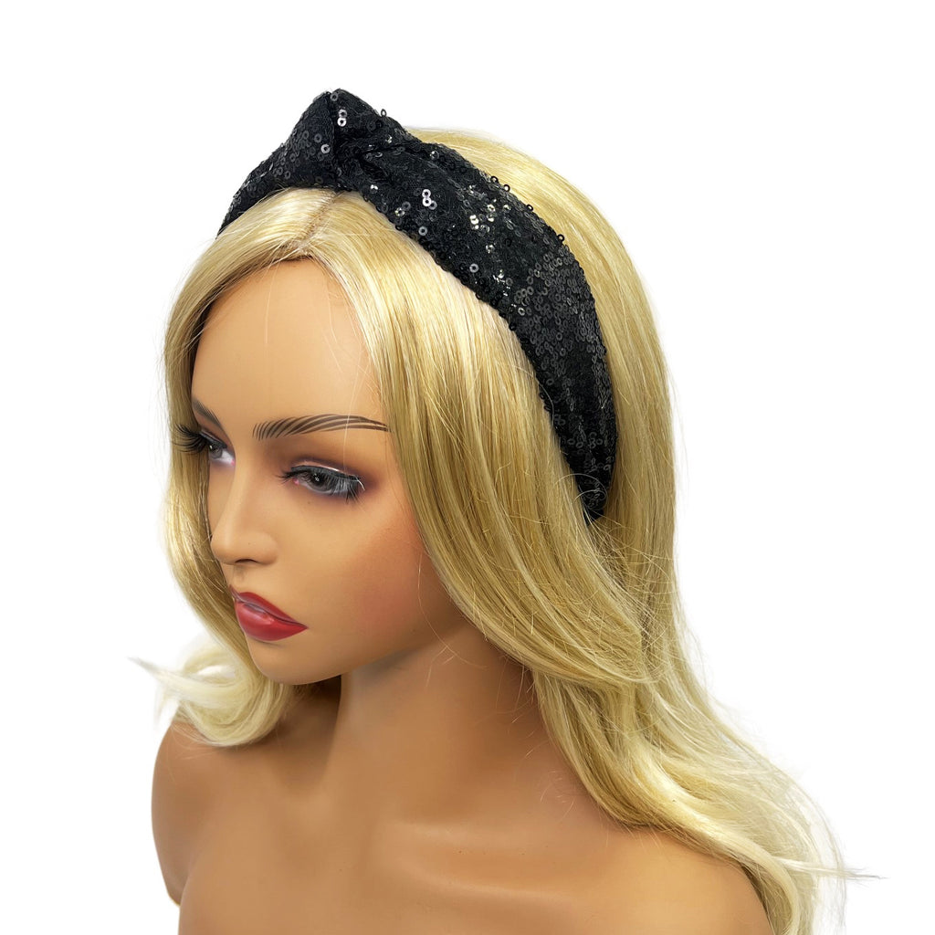 Shiny Sequin Top Knot Headband - Black - 1