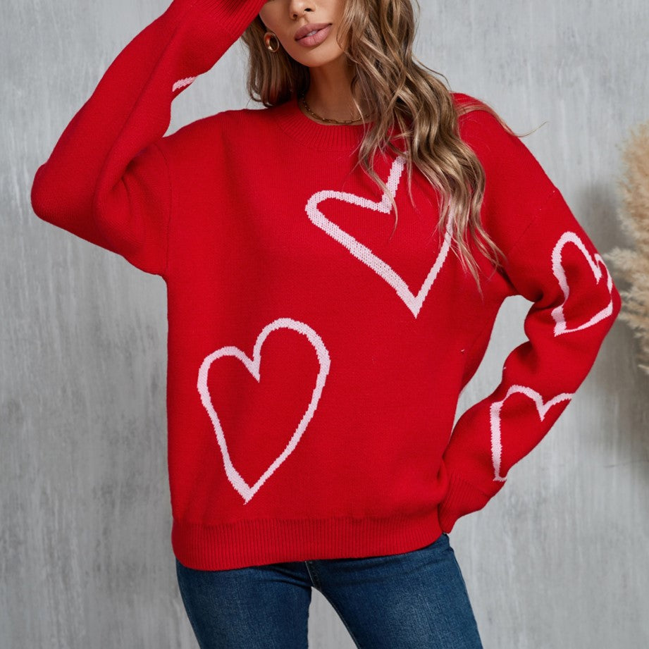 Oversized Heart Intarsia Knit Sweater - Red - 2