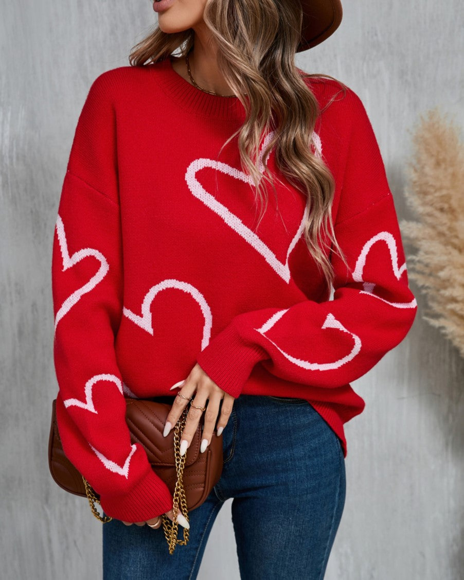 Oversized Heart Intarsia Knit Sweater - Red - 3