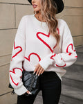 Oversized Heart Intarsia Knit Sweater - White