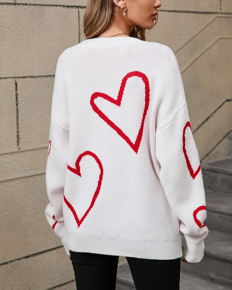 Oversized Heart Intarsia Knit Sweater - White - 2