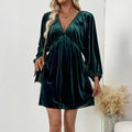 Emerald Velvet Deep V Balloon Sleeve Mini Dress - Emerald