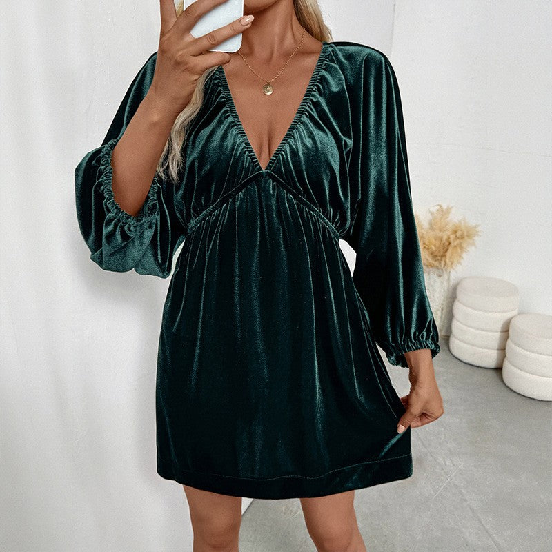 Emerald Velvet Deep V Balloon Sleeve Mini Dress