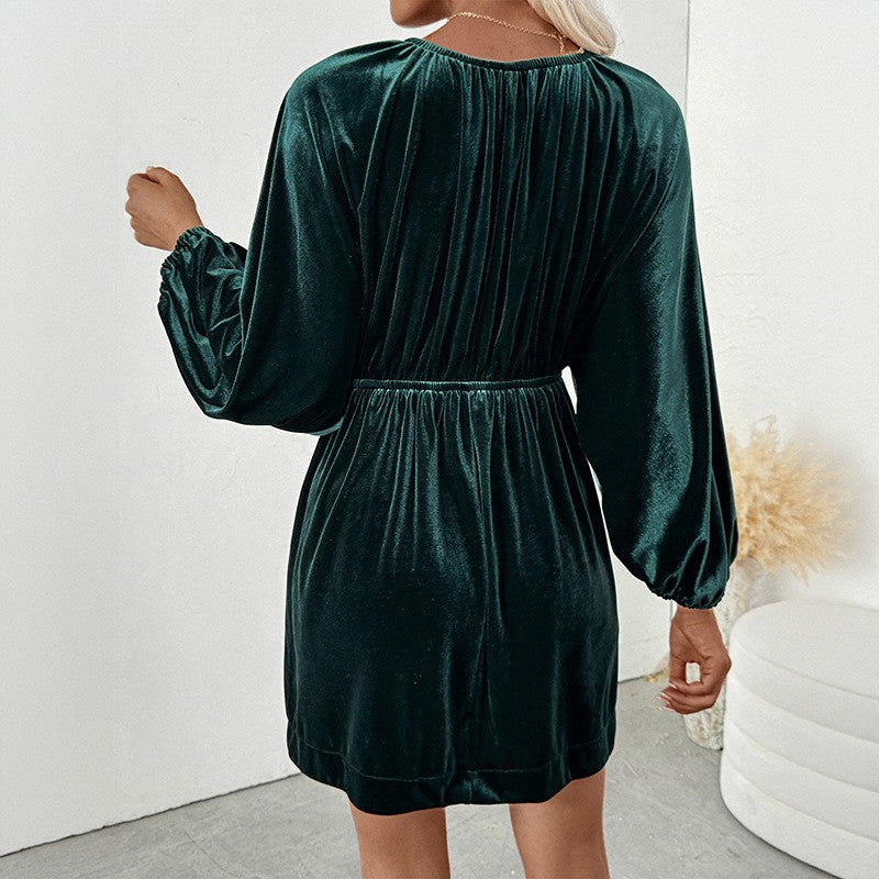 Emerald Velvet Deep V Balloon Sleeve Mini Dress