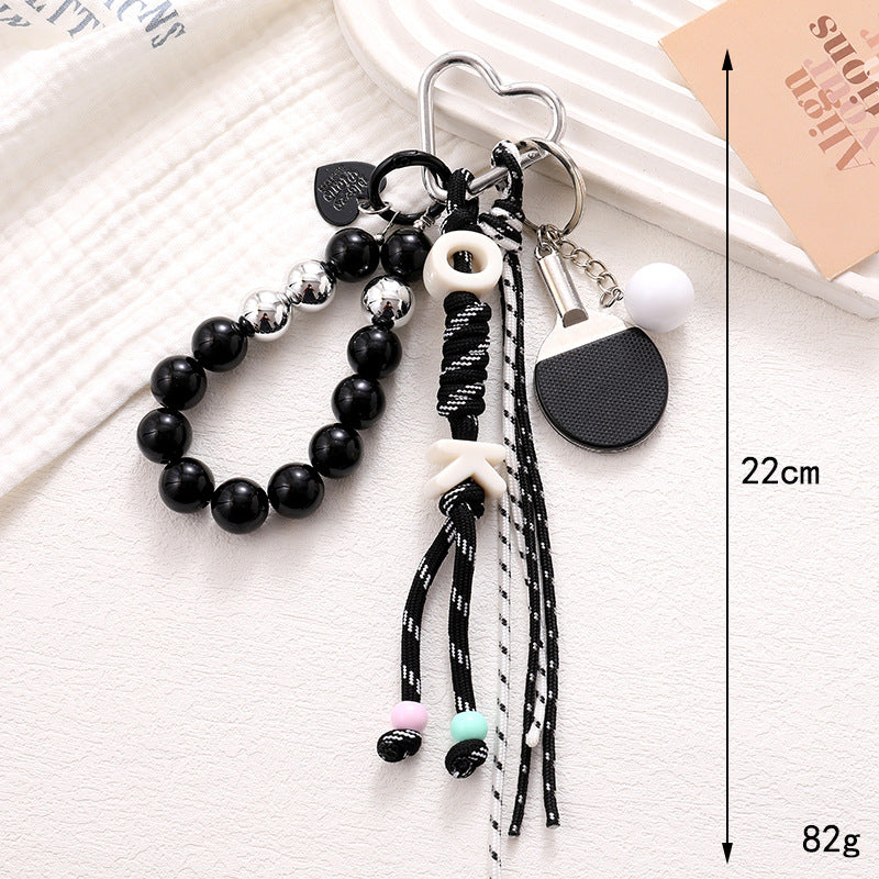 Beaded Ping Pong Paddle Charm Keychain - Black