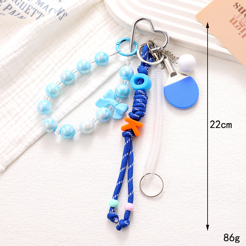 Beaded Ping Pong Paddle Charm Keychain - Blue