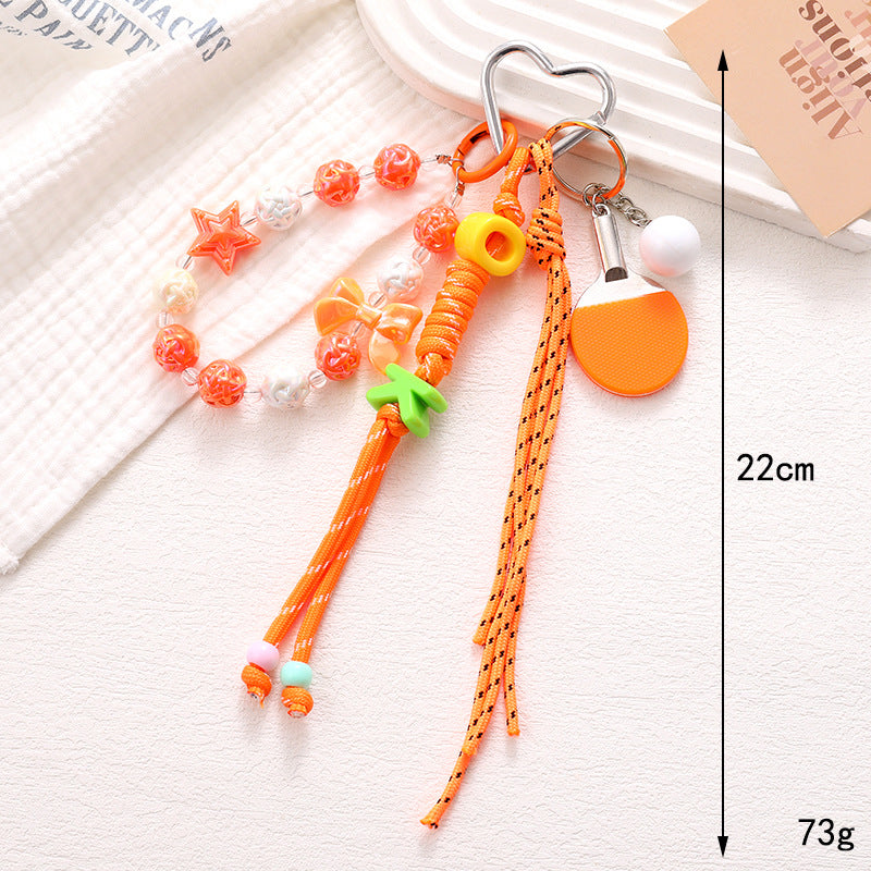 Beaded Ping Pong Paddle Charm Keychain - Orange