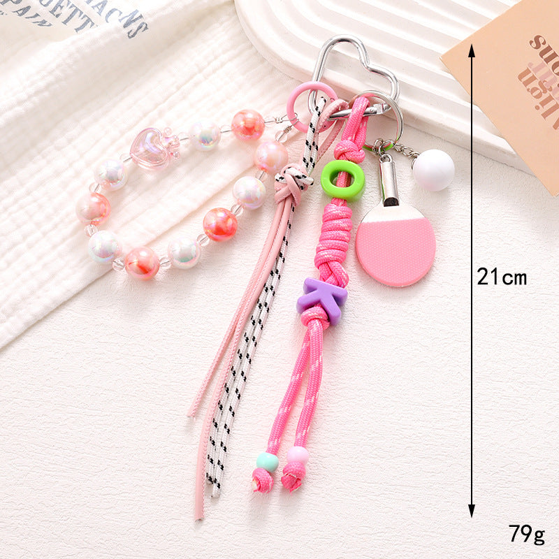 Beaded Ping Pong Paddle Charm Keychain - Pink