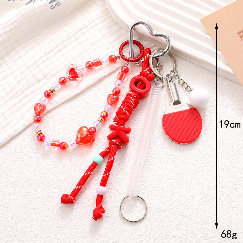 Beaded Ping Pong Paddle Charm Keychain - Red