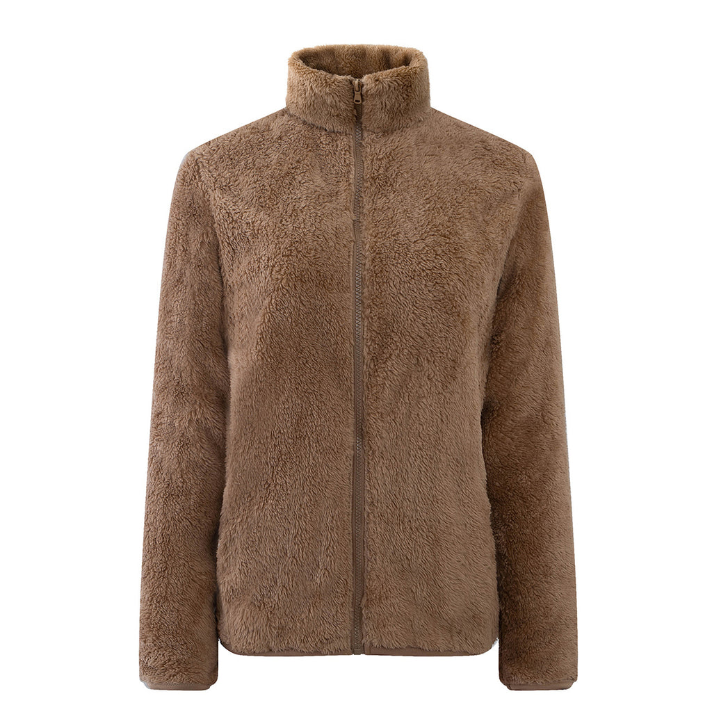 Plush Teddy Fleece Full Zip Jacket - Brown