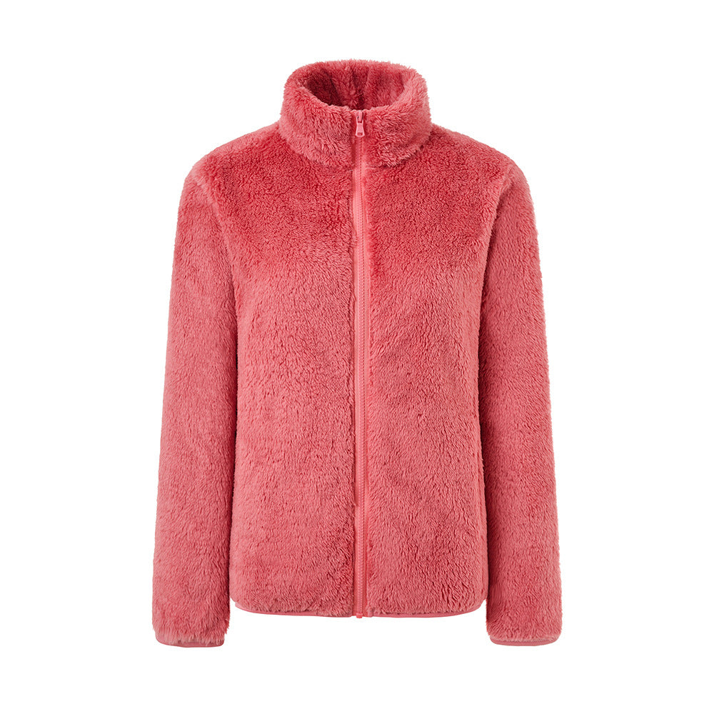 Plush Teddy Fleece Full Zip Jacket - coral