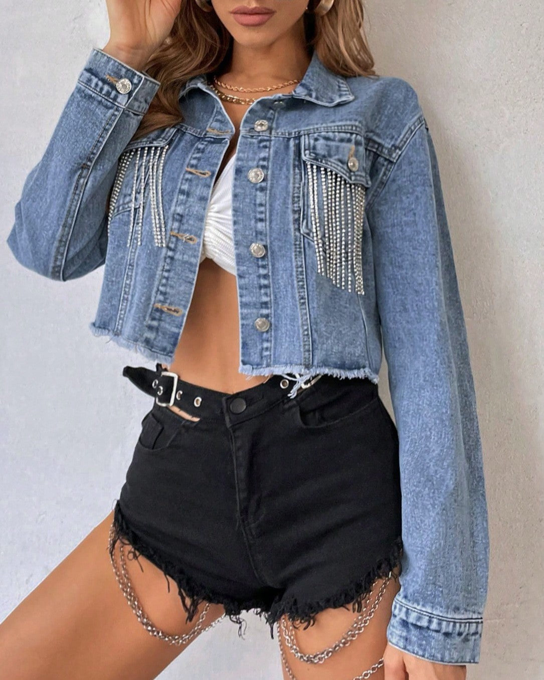 Chain Fringe Cropped Raw Hem Denim Jacket - Blue