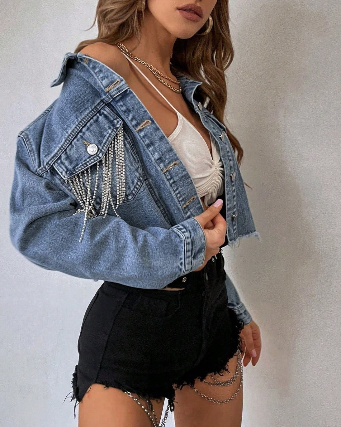Chain Fringe Cropped Raw Hem Denim Jacket - Blue - 3