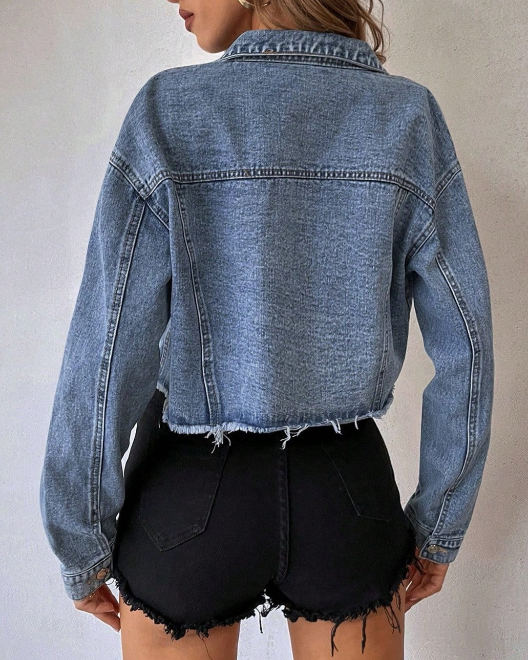 Chain Fringe Cropped Raw Hem Denim Jacket - Blue - 4
