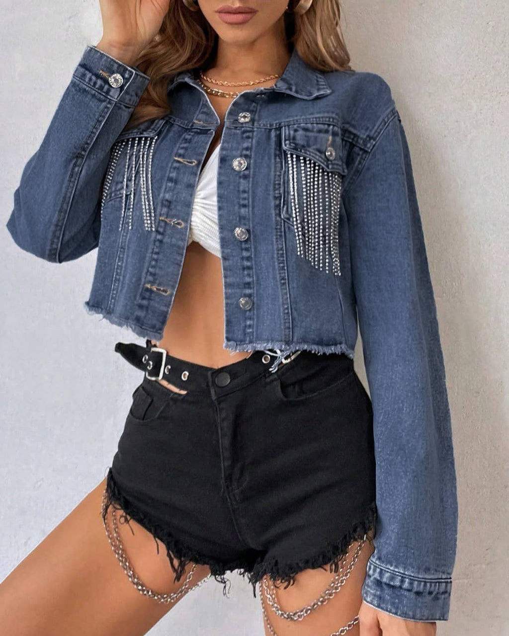 Chain Fringe Cropped Raw Hem Denim Jacket