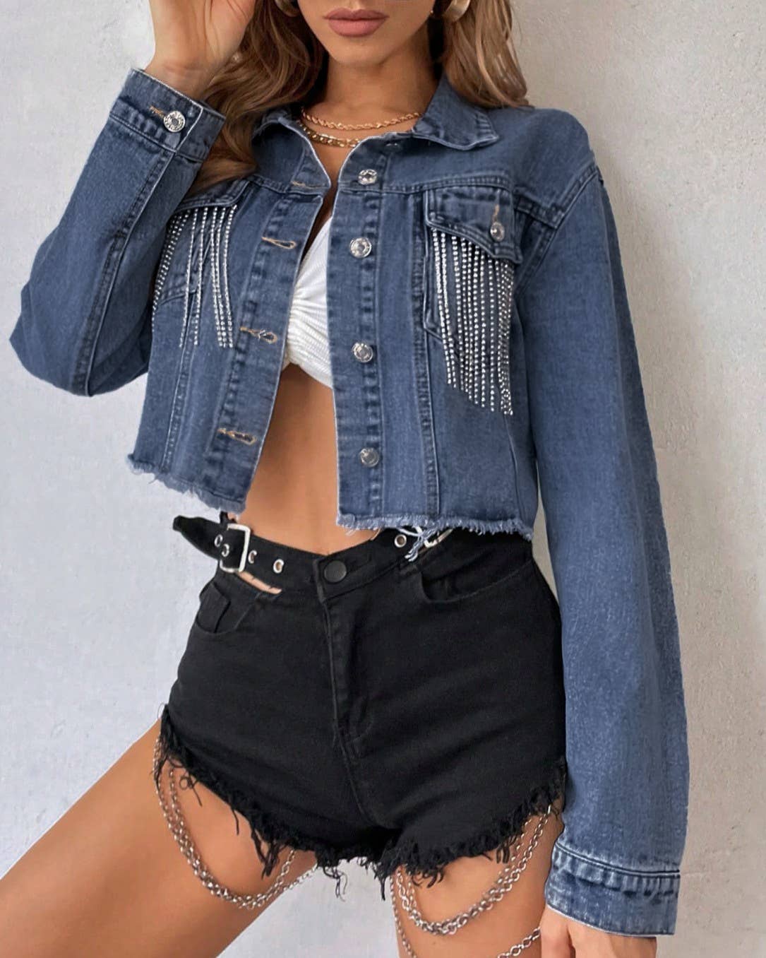 Chain Fringe Cropped Raw Hem Denim Jacket