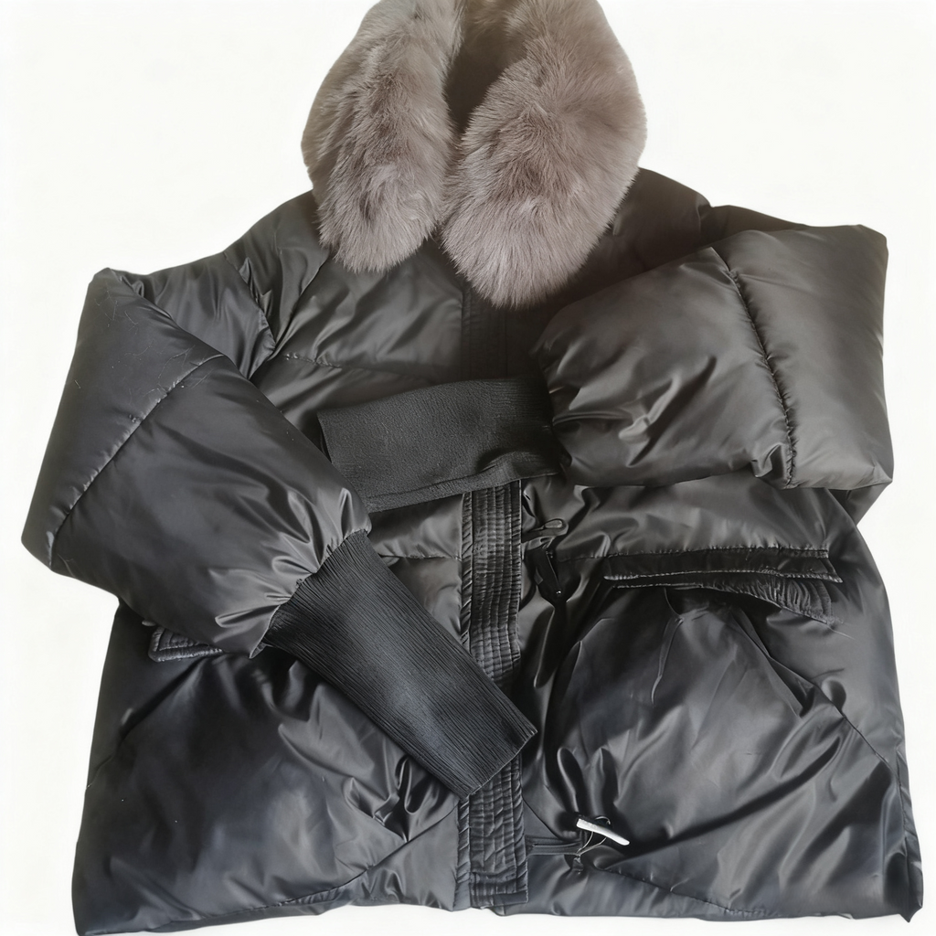 Fur Collar Belted Short Puffer Jacket - Black