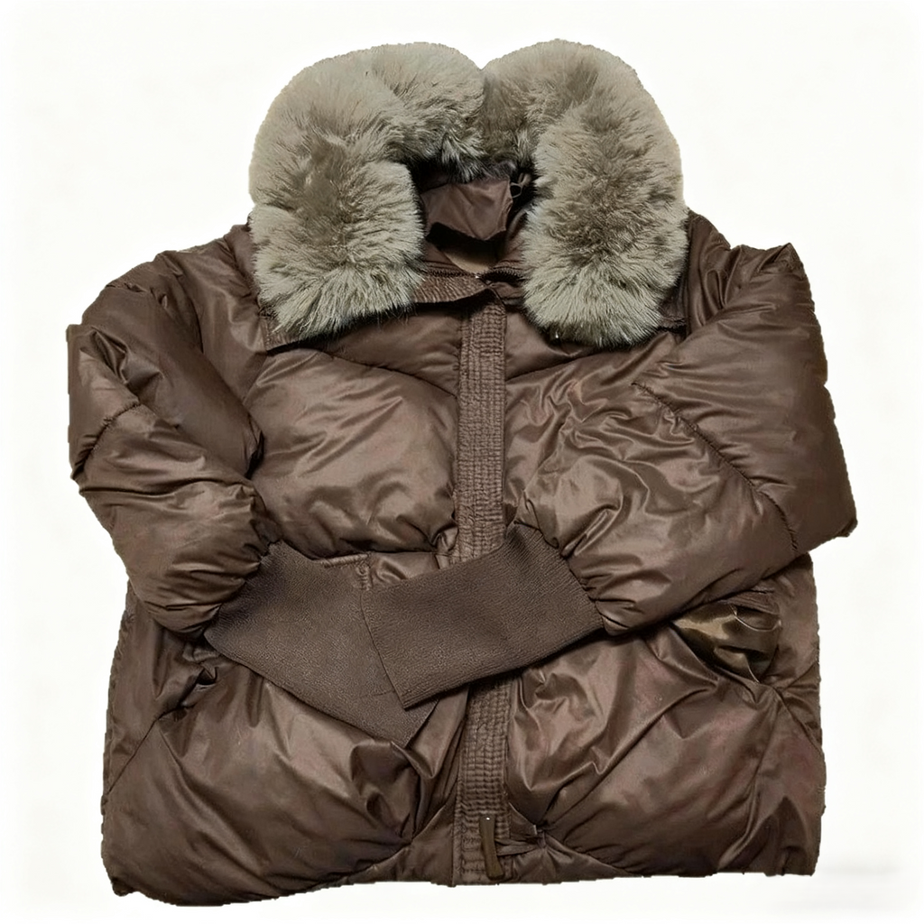 Fur Collar Belted Short Puffer Jacket - Coffee - 1