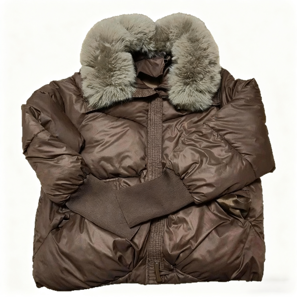 Fur Collar Belted Short Puffer Jacket - Coffee - 1