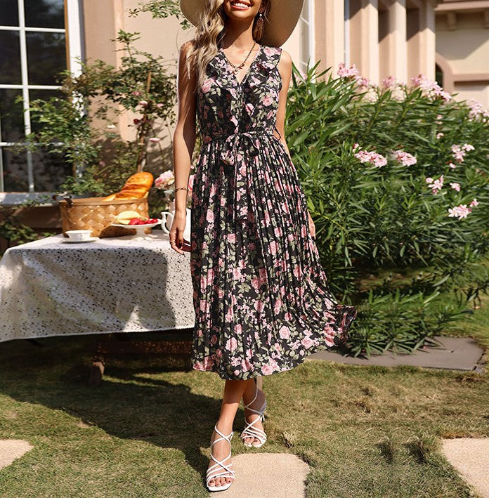 Floral Print Sleeveless Ruffle Midi Dress - Black - 2