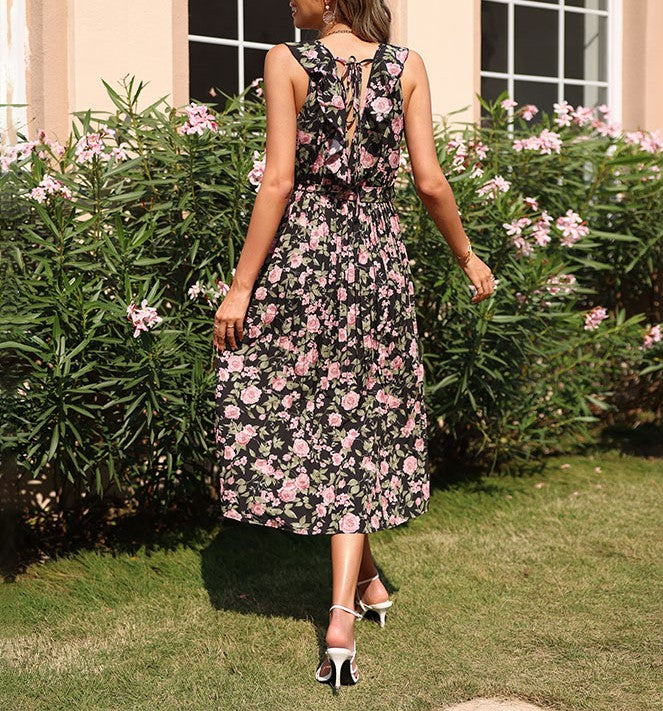 Floral Print Sleeveless Ruffle Midi Dress - Black - 4