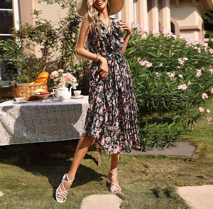 Floral Print Sleeveless Ruffle Midi Dress - Black - 5