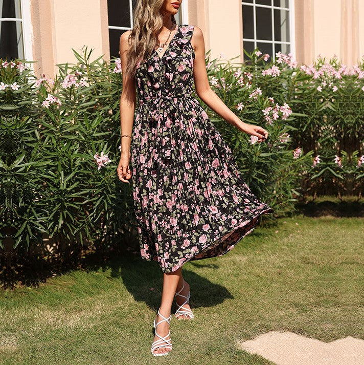 Floral Print Sleeveless Ruffle Midi Dress - Black - 6