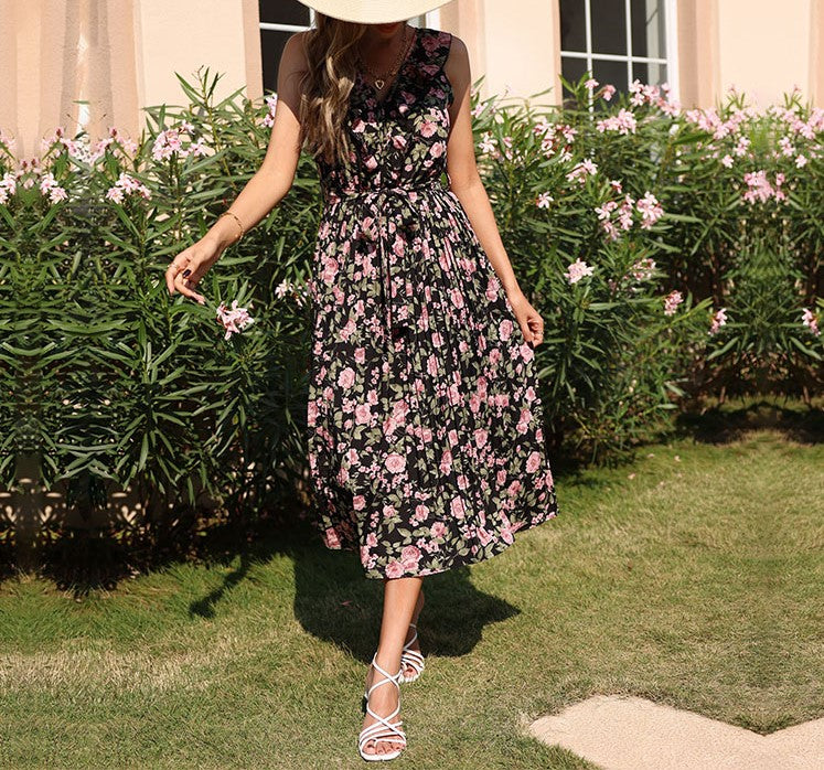 Floral Print Sleeveless Ruffle Midi Dress - Black - 8