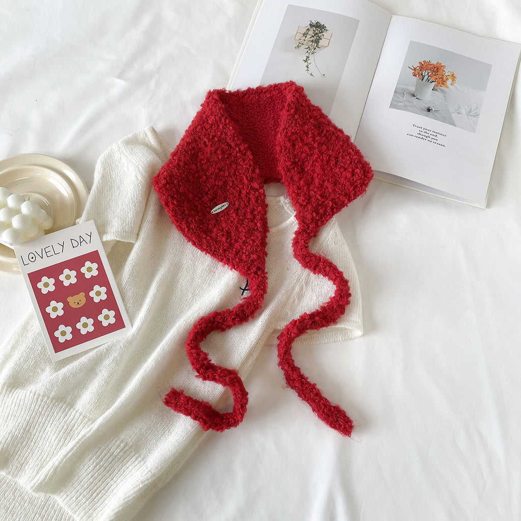 Boucle Knit Tie-Up Ear Warmer Kerchief - Red