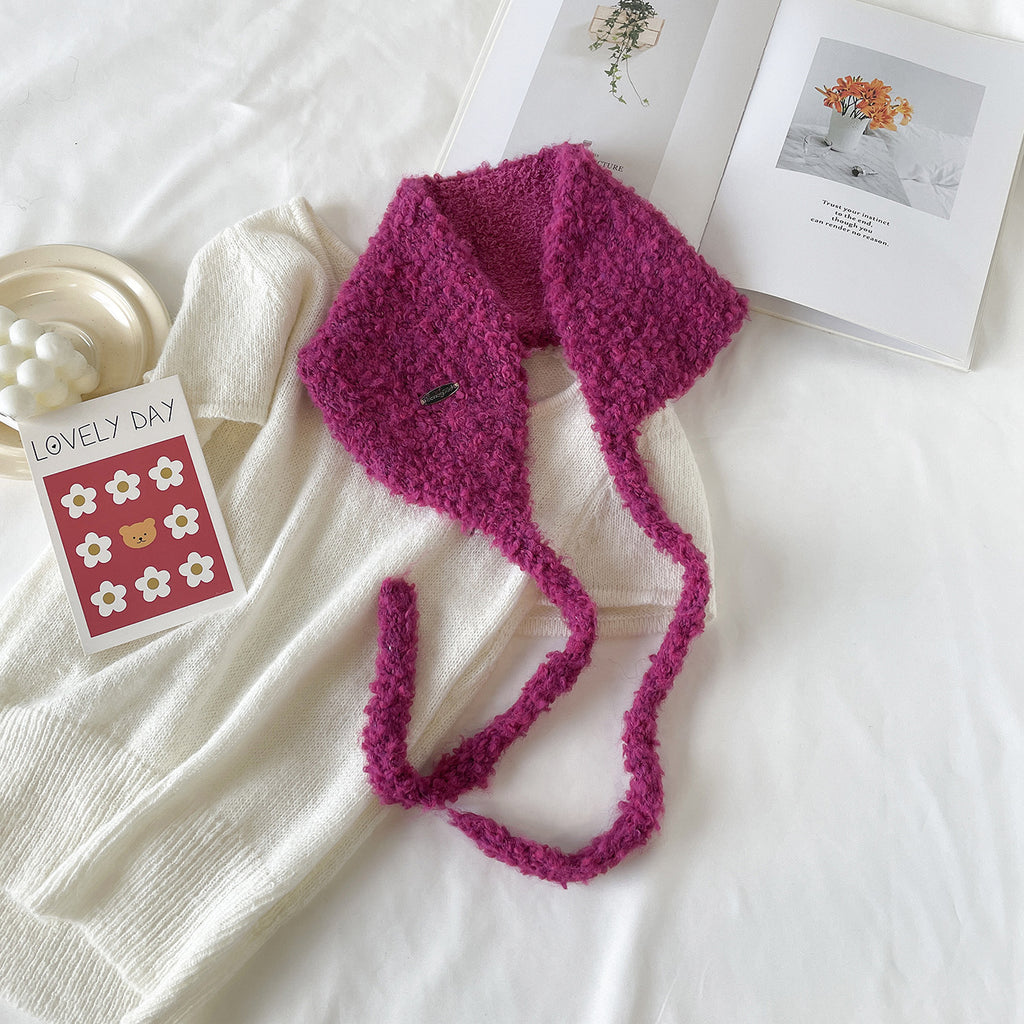 Boucle Knit Tie-Up Ear Warmer Kerchief - RoseRed