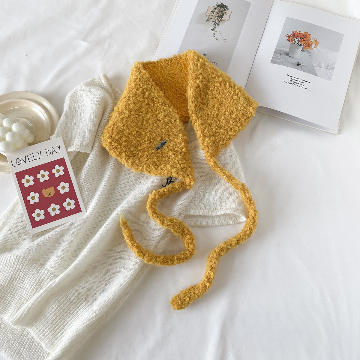Boucle Knit Tie-Up Ear Warmer Kerchief - Yellow