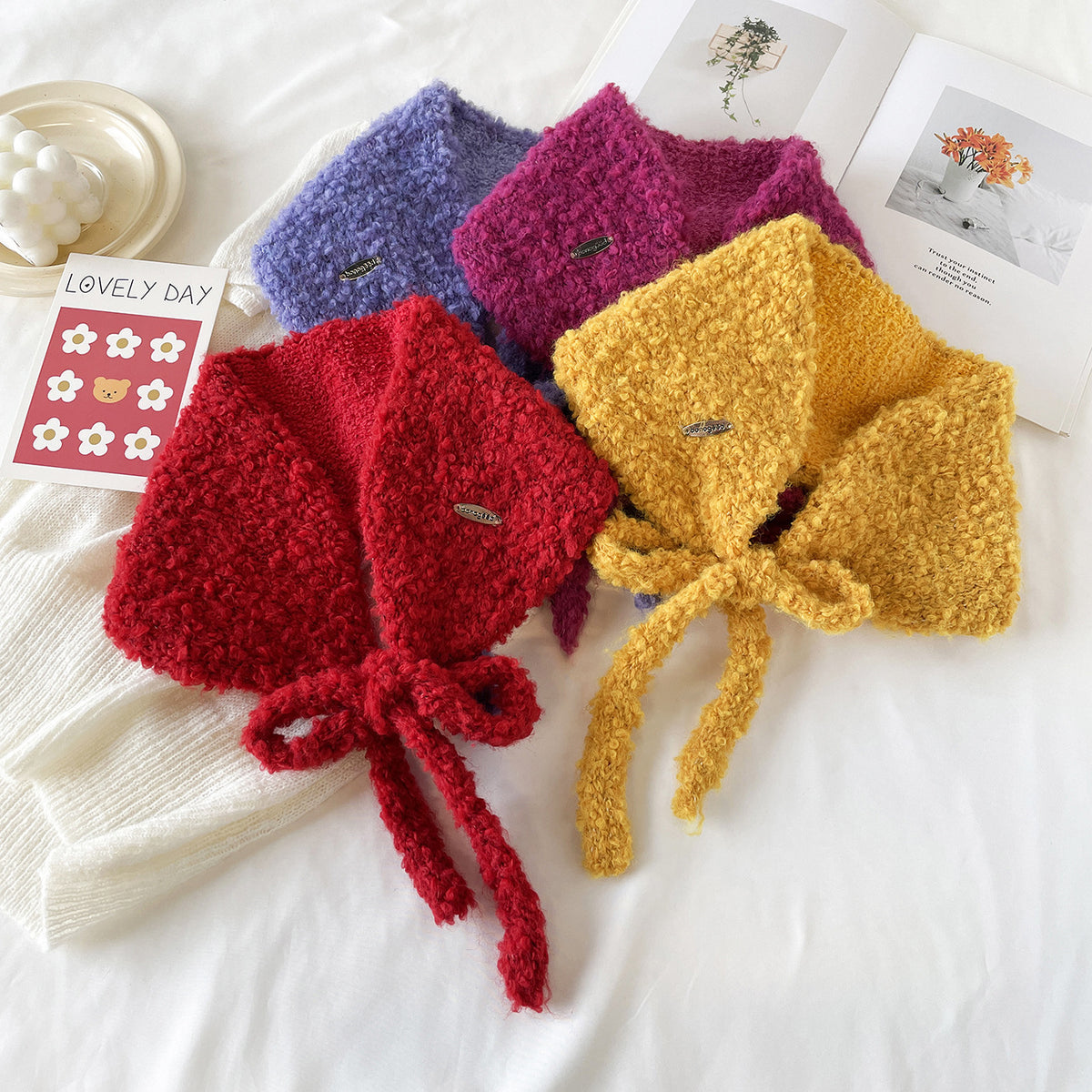 Boucle Knit Tie-Up Ear Warmer Kerchief - Yellow - 1