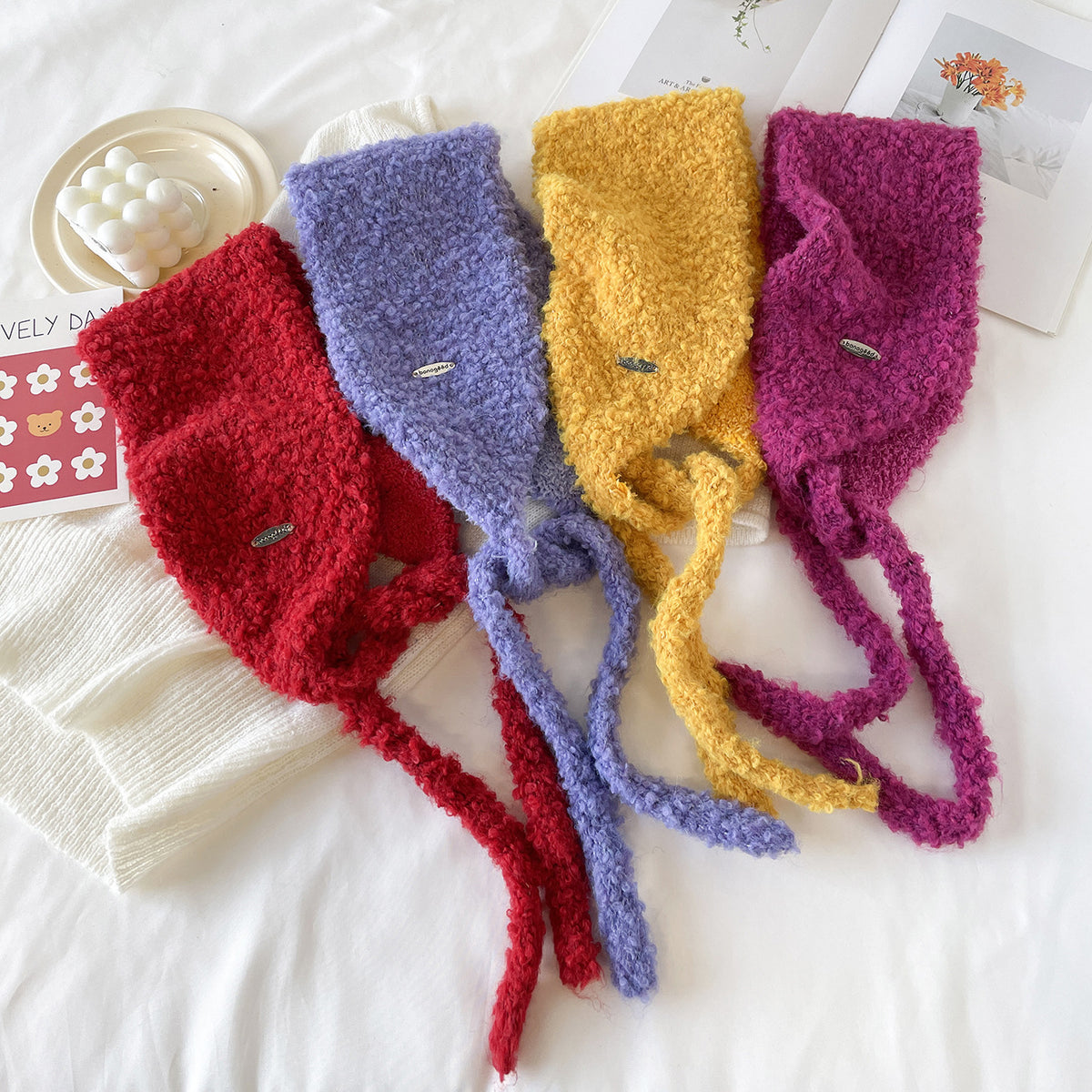 Boucle Knit Tie-Up Ear Warmer Kerchief - Yellow - 3