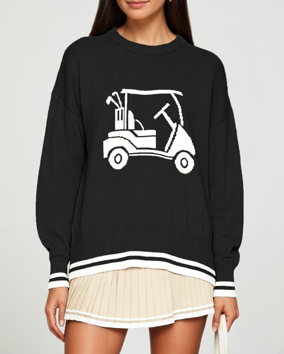Golf Cart Sweater With Tipped Varsity Trim - Black