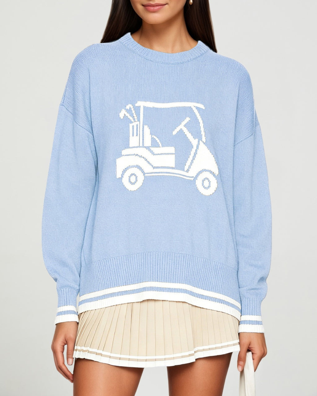 Golf Cart Sweater With Tipped Varsity Trim - Blue