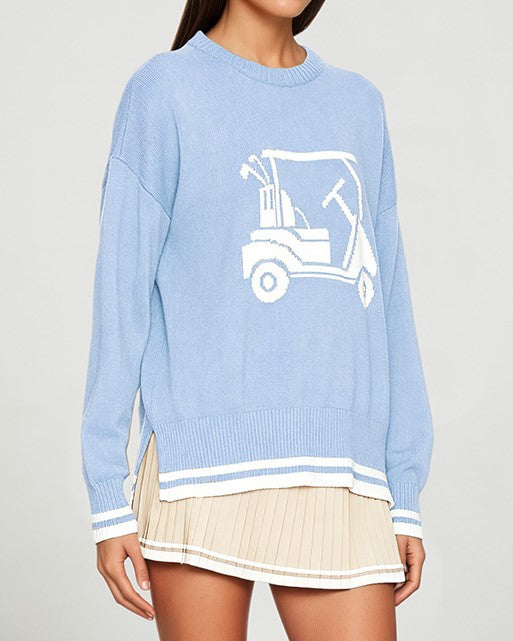 Golf Cart Sweater With Tipped Varsity Trim - Blue - 1