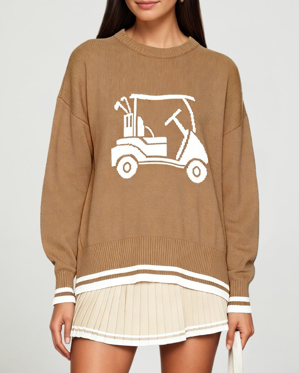 Golf Cart Sweater With Tipped Varsity Trim - Khaki