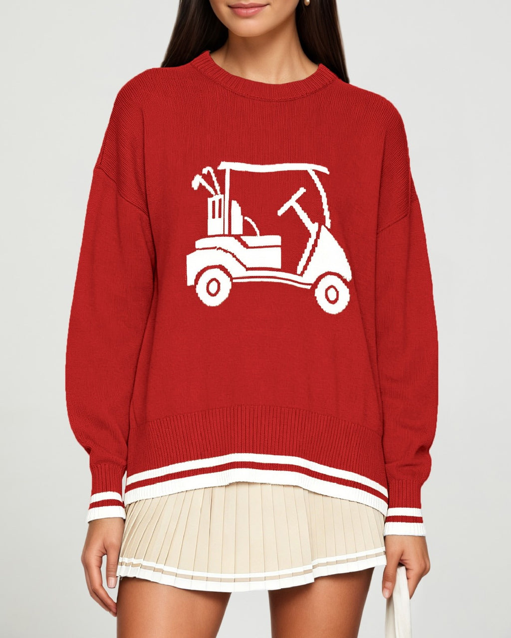 Golf Cart Sweater With Tipped Varsity Trim - Red