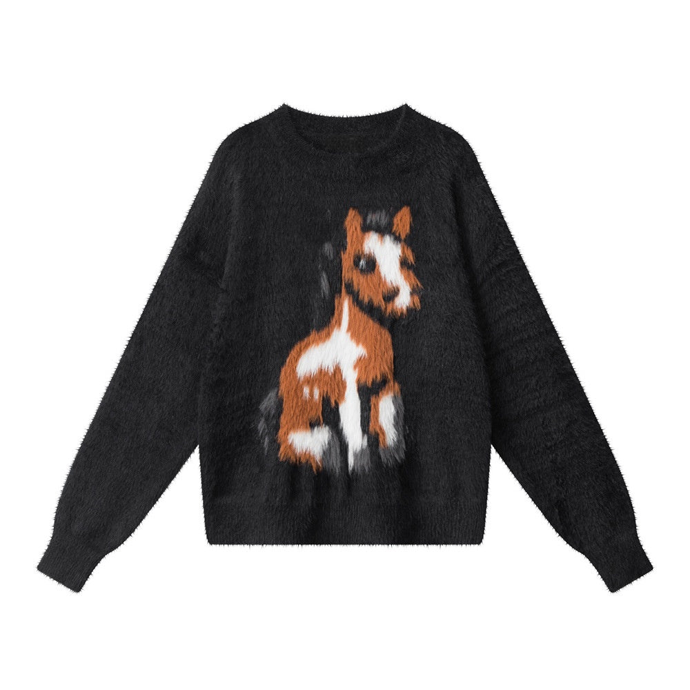 Fuzzy Pony Intarsia Oversized Knit Sweater - Black