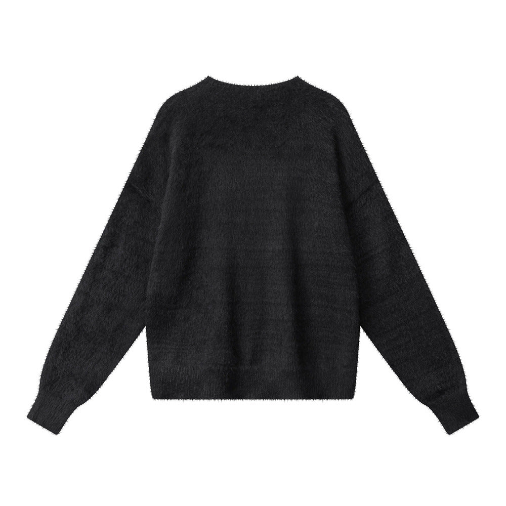 Fuzzy Pony Intarsia Oversized Knit Sweater - Black - 1