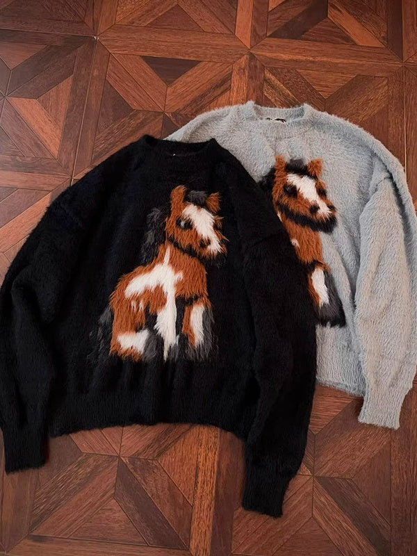 Fuzzy Pony Intarsia Oversized Knit Sweater - Black - 2