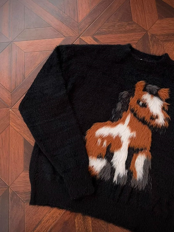 Fuzzy Pony Intarsia Oversized Knit Sweater - Black - 3